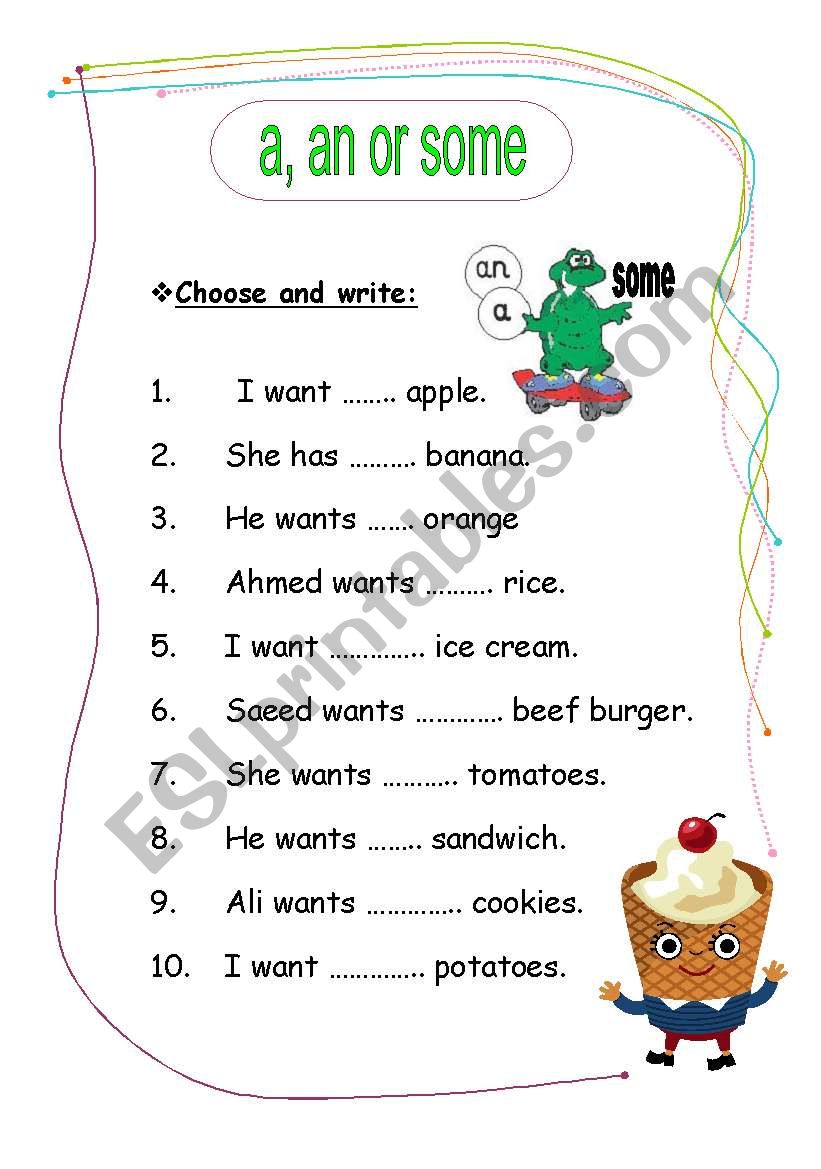 4 write a an or some. A an some Worksheets for Kids. Артикль a an some Worksheets for Kids. Some a an упражнения. Some any Worksheets.