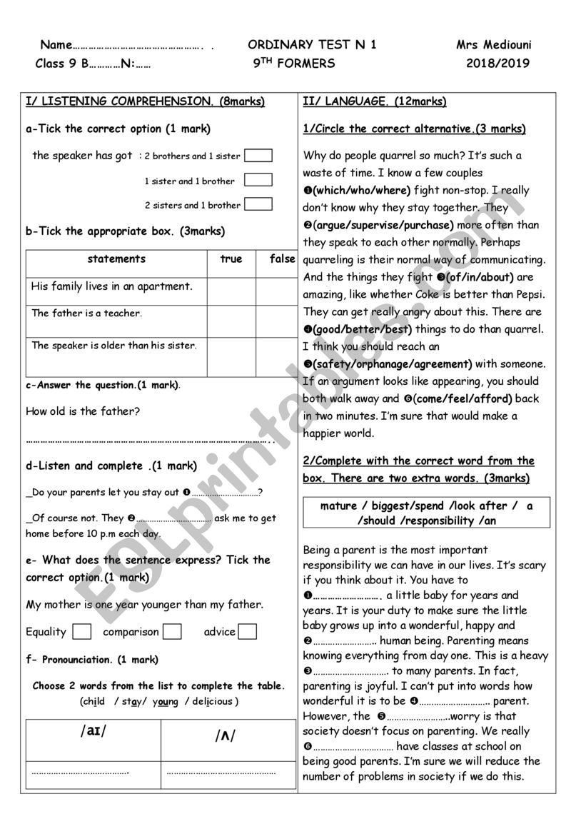 ordinary test n 1 9th formers 