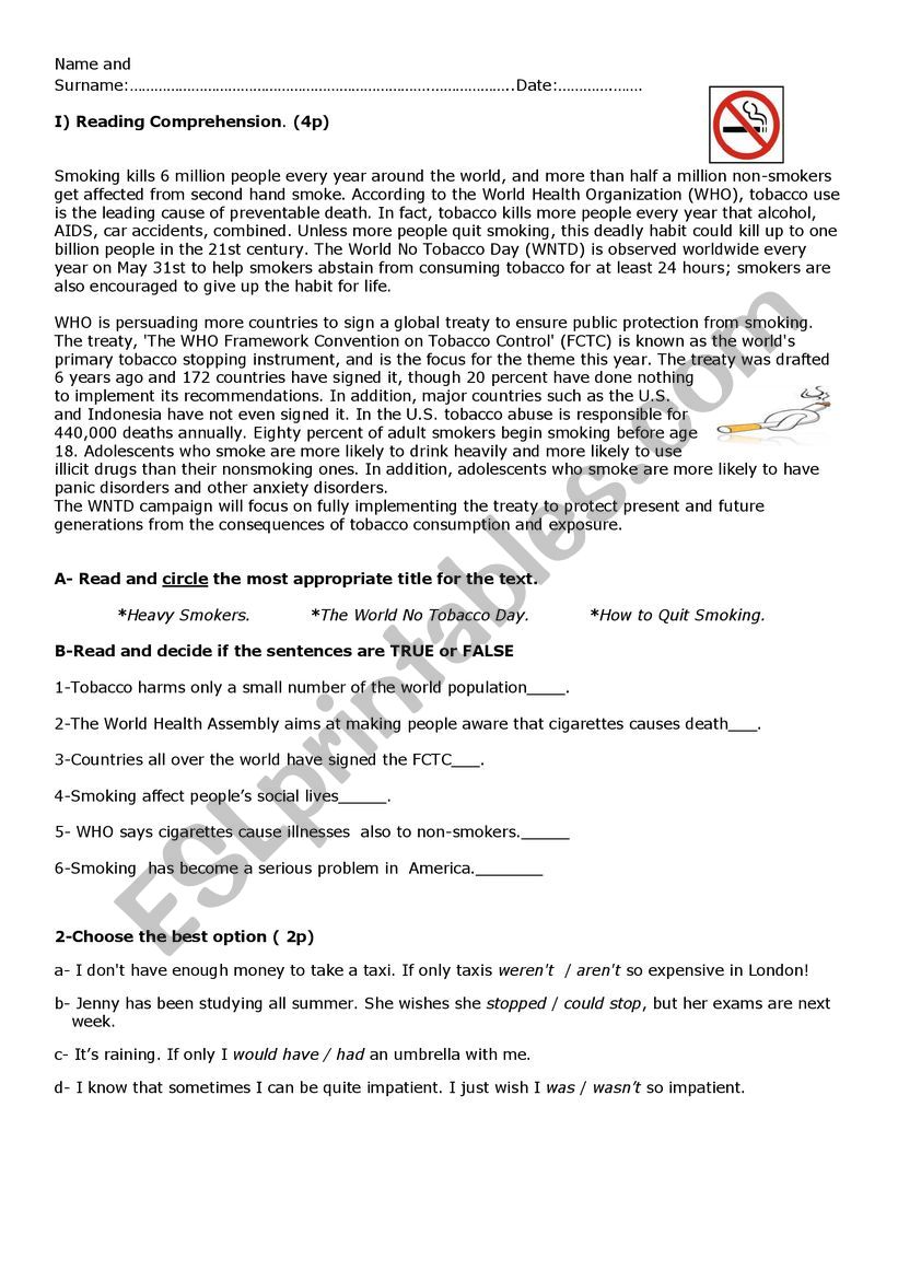 Conditional sentences test worksheet