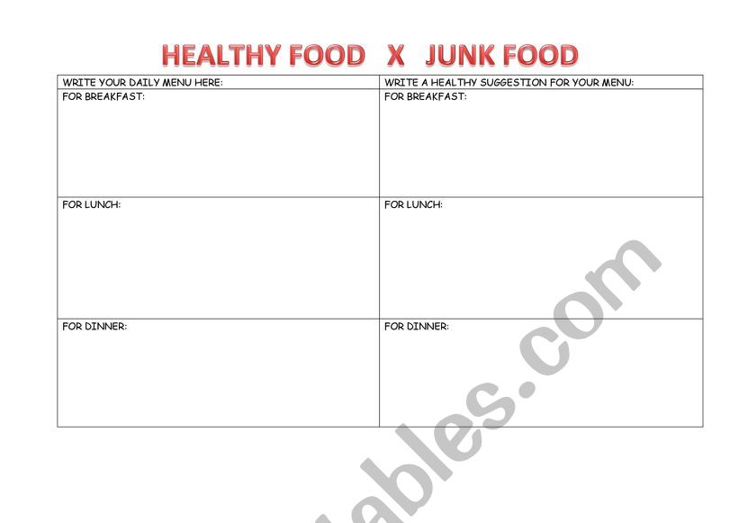 healthy food x junk food worksheet