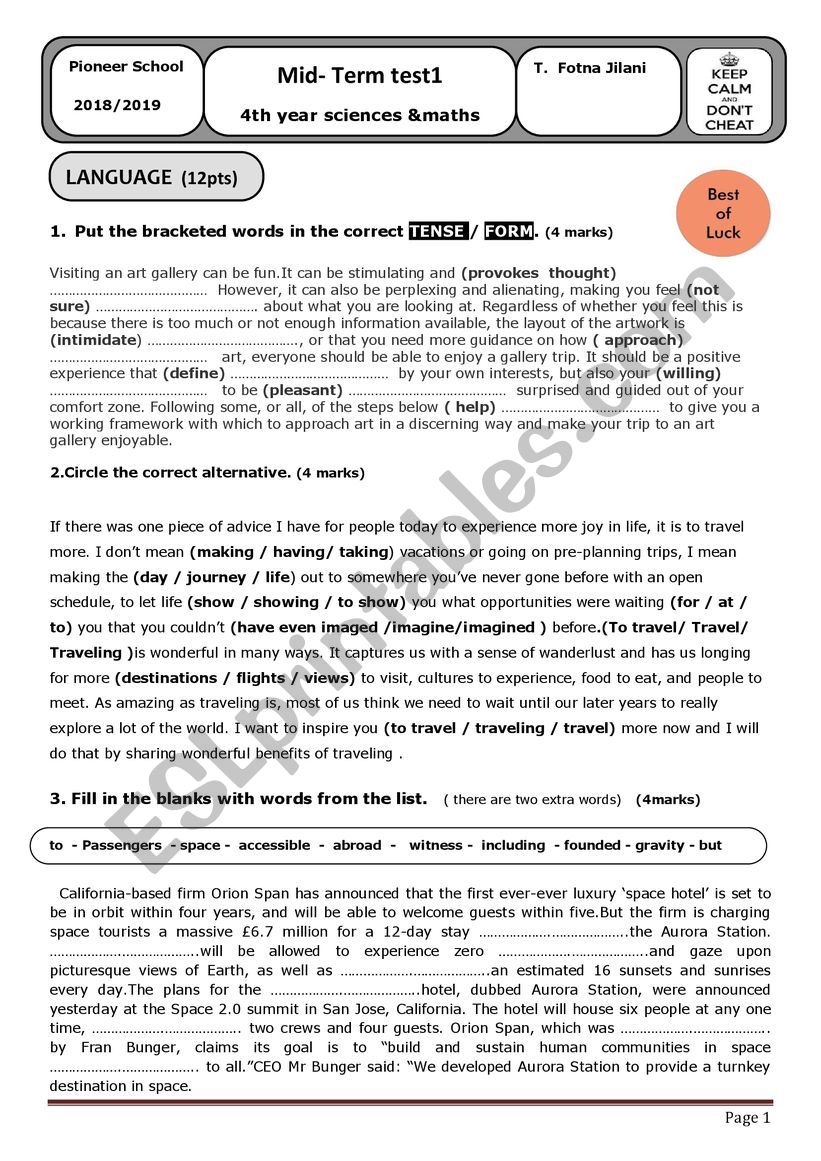 Mid term test1 worksheet