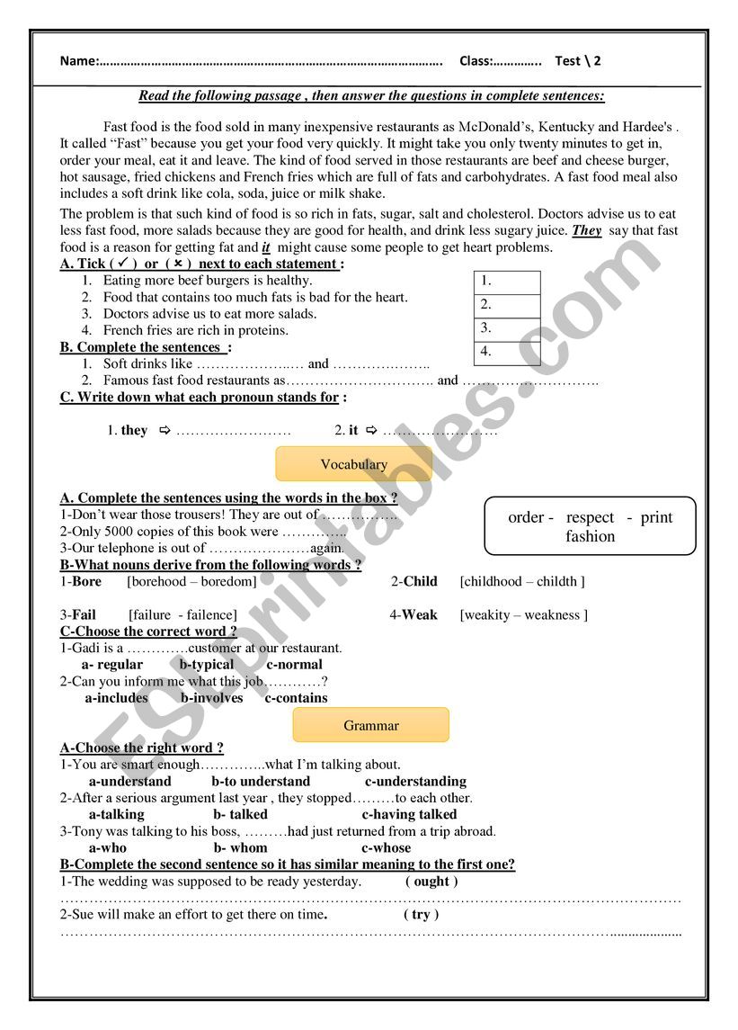 test for english worksheet