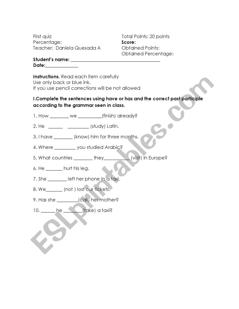 present perfect quiz  worksheet