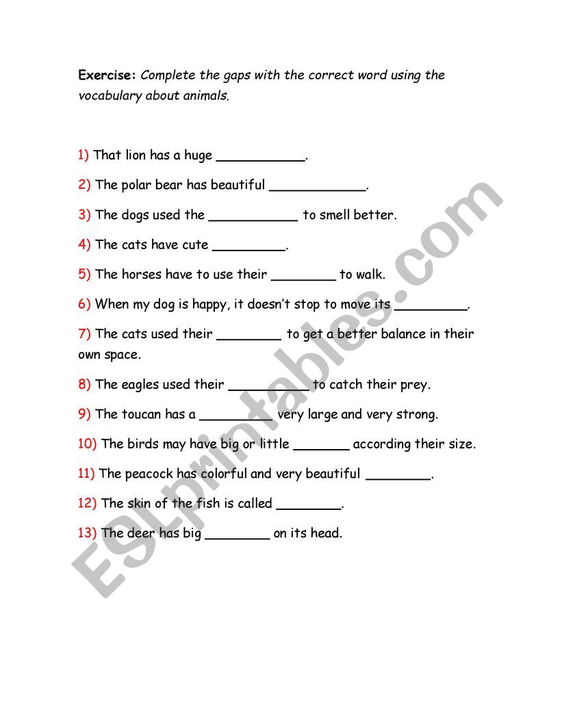 Animals characteristics worksheet