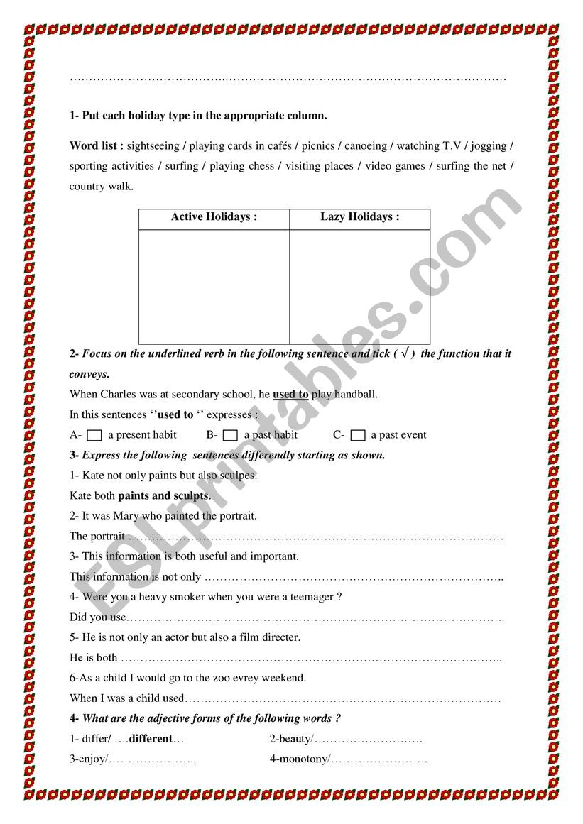 holiaying worksheet