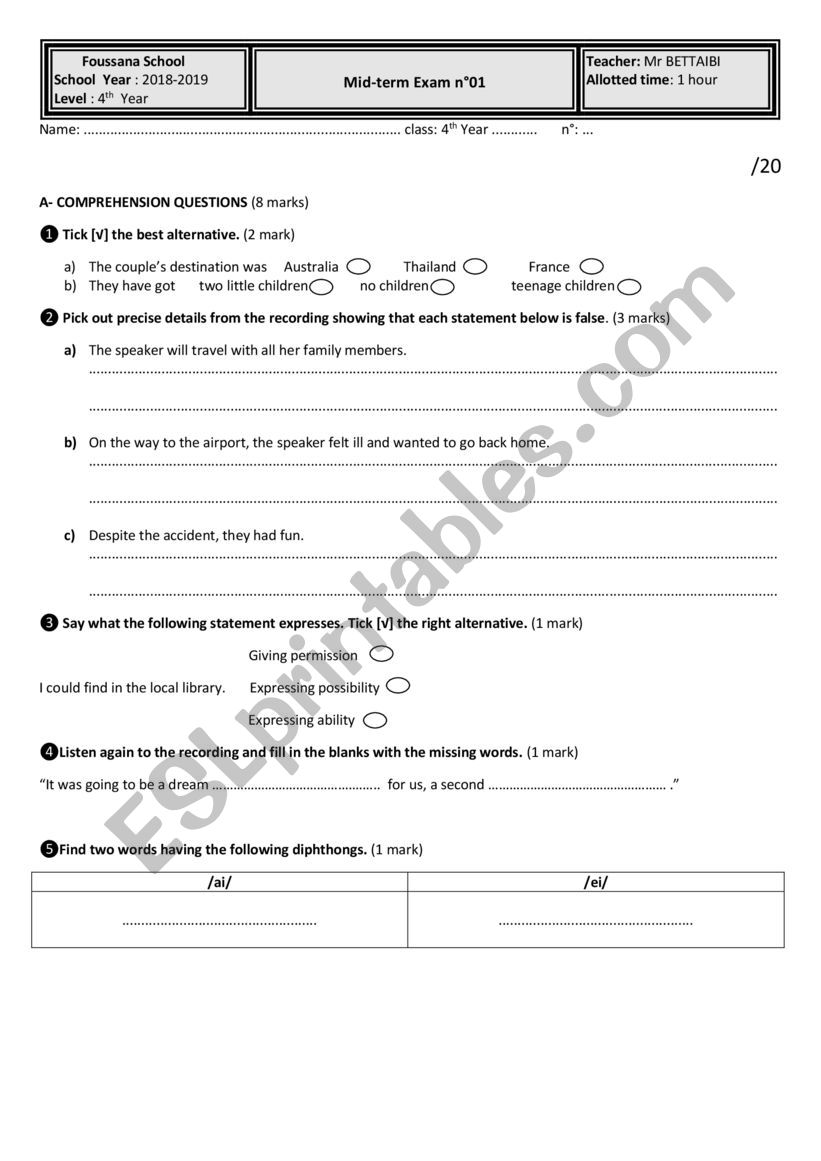 Mid-term Exam n°01 BAC 2019 worksheet