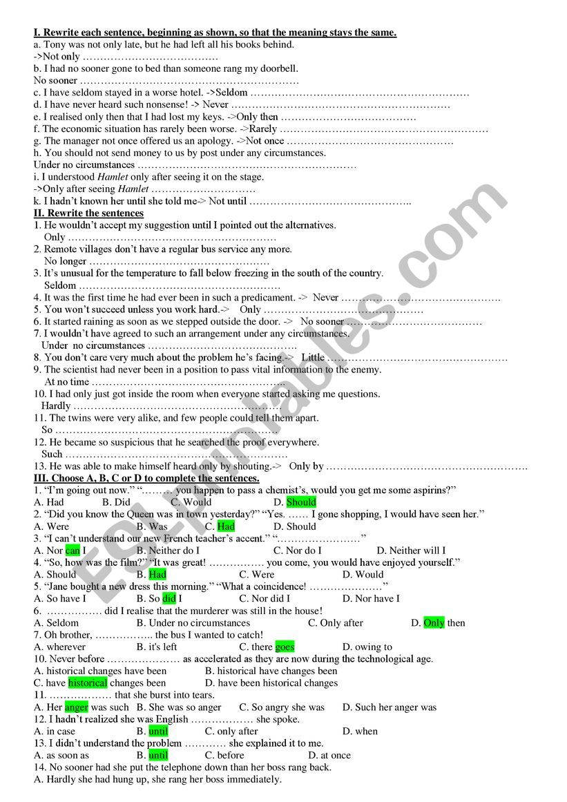 INVERSION Multiple choice exercises