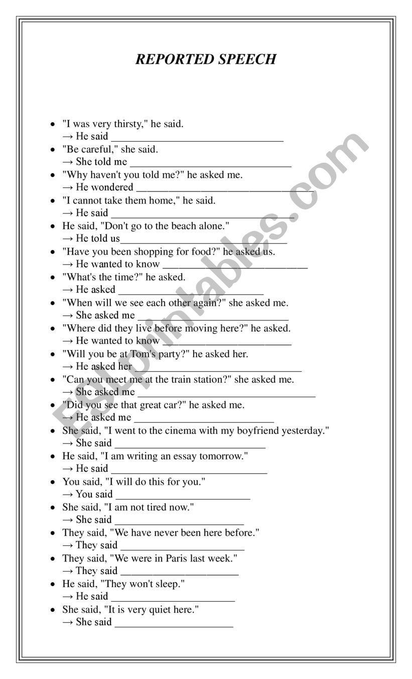 Reported speech worksheet