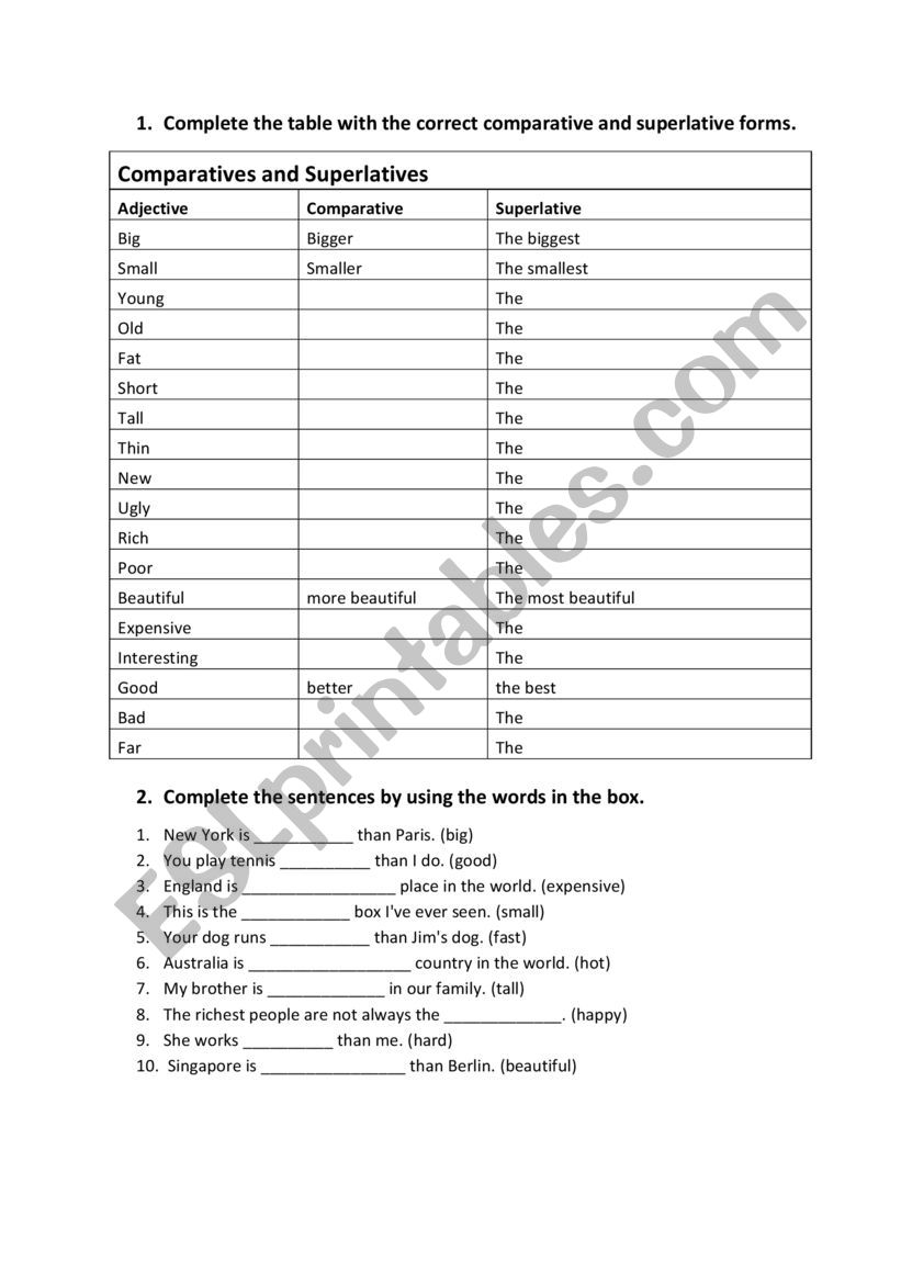 Comparatives superlative (Practicing Worksheet)