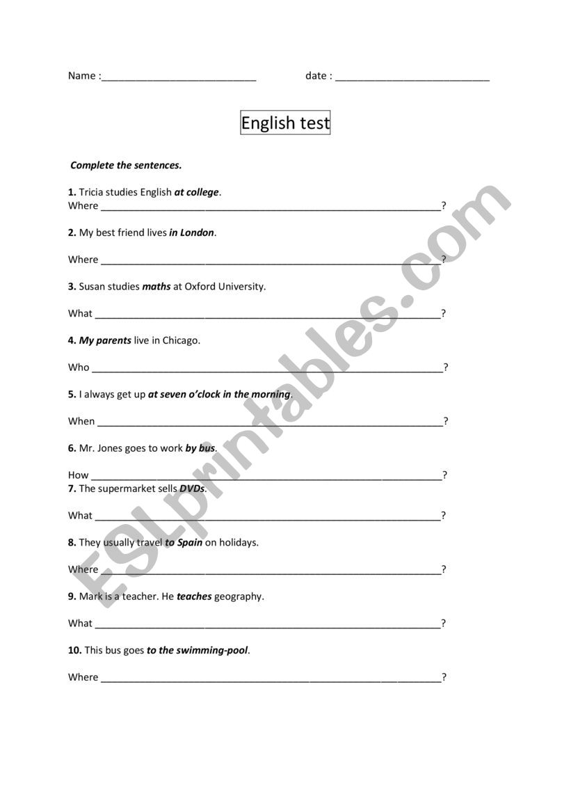 Test Questions worksheet