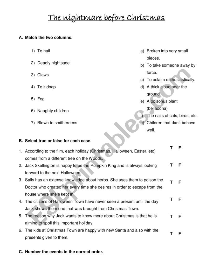 Nightmare before christmas movie worksheet