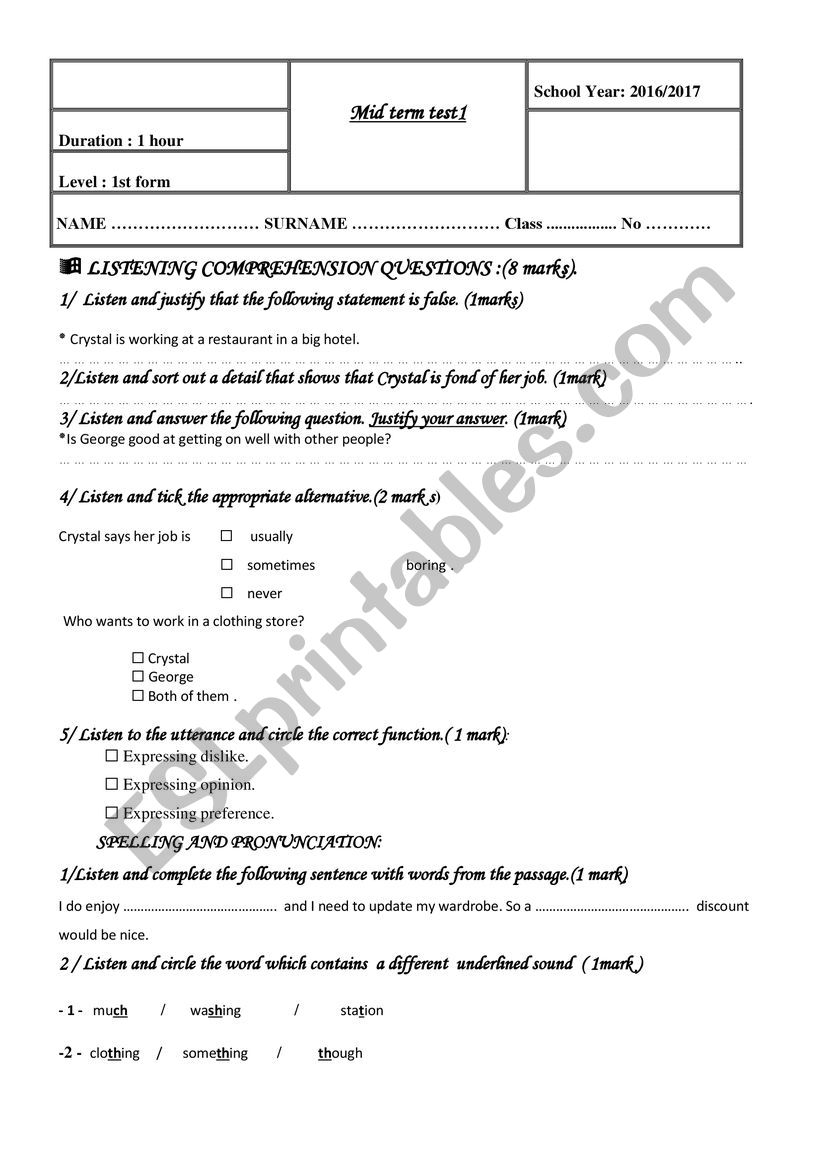 Mid term test1for 1st form worksheet