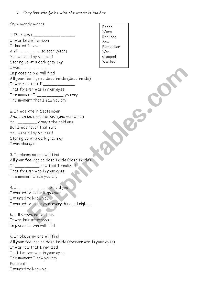 Cry - By Mandy Moore worksheet