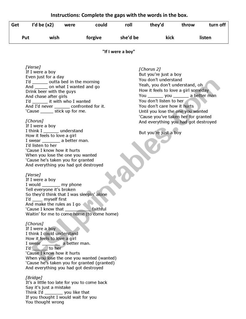 Second conditinal songs worksheet