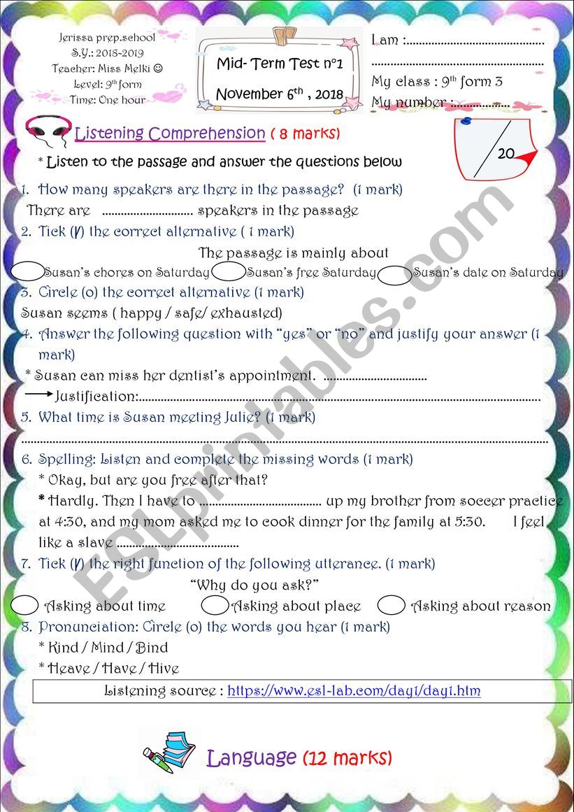 Mis-term test 9th form 2018-2019