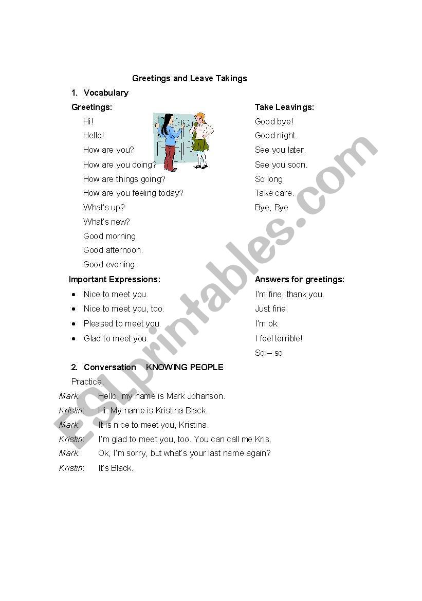 Greetings and Leave Takings worksheet