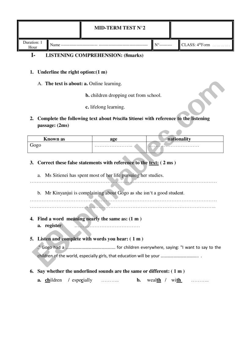 MID TERM TEST N2 worksheet