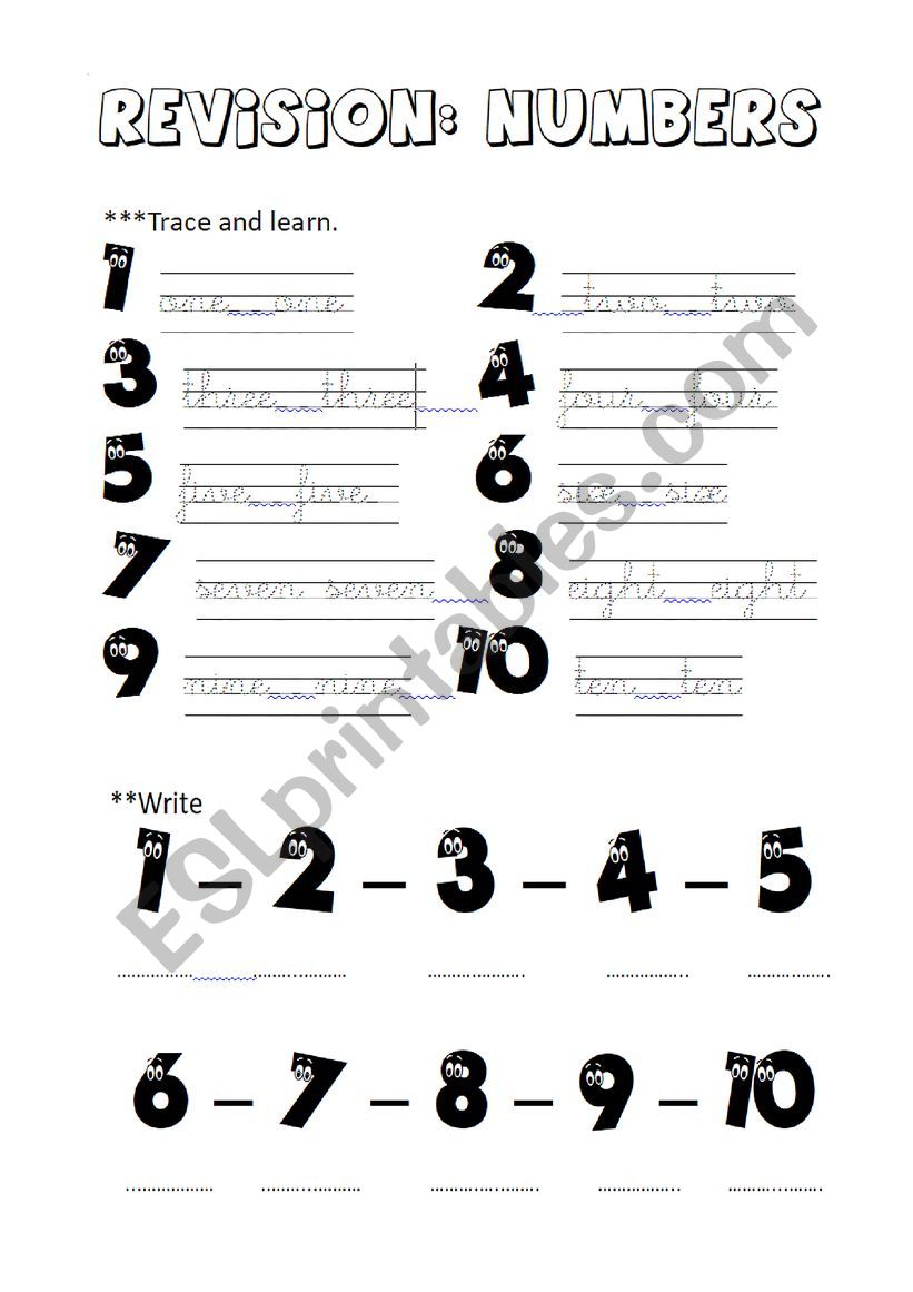 TRACE AND WRITE NUMBERS 1-10 worksheet