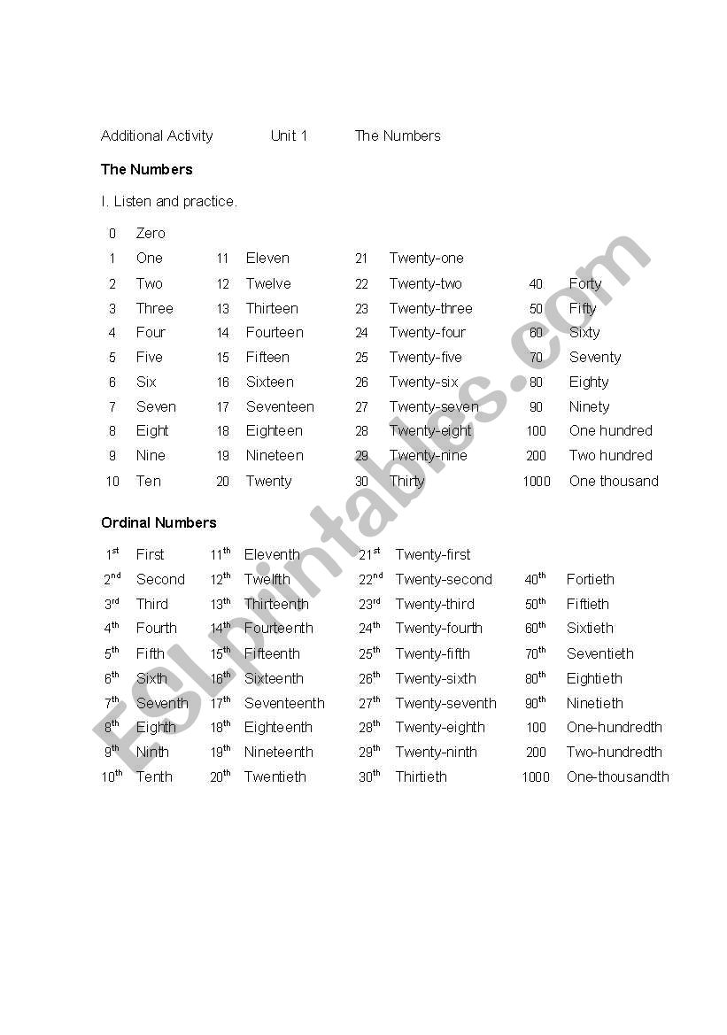 Numbers worksheet