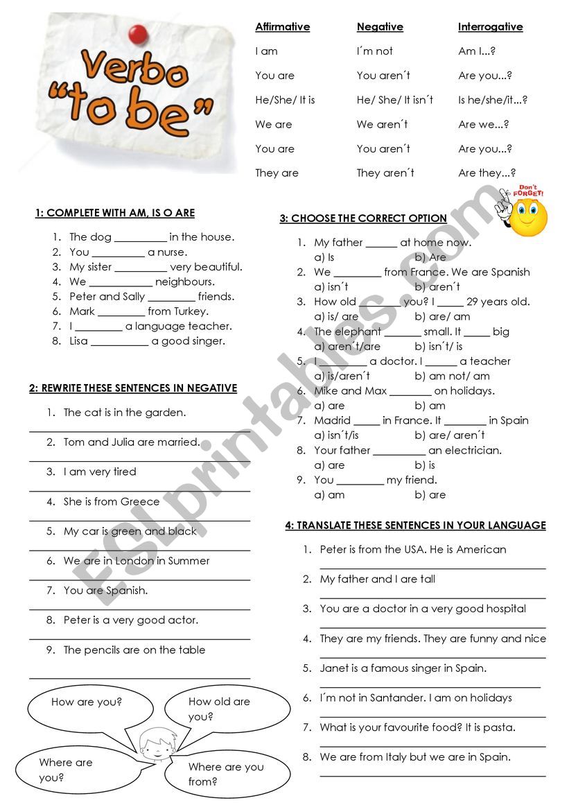 Verb to BE: exercises worksheet Verb to BE: exercises worksheet