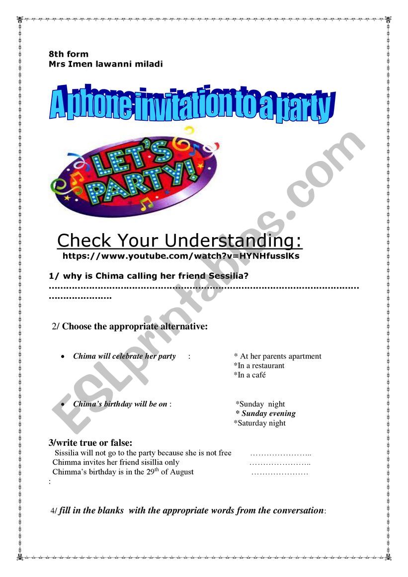 invitation  worksheet