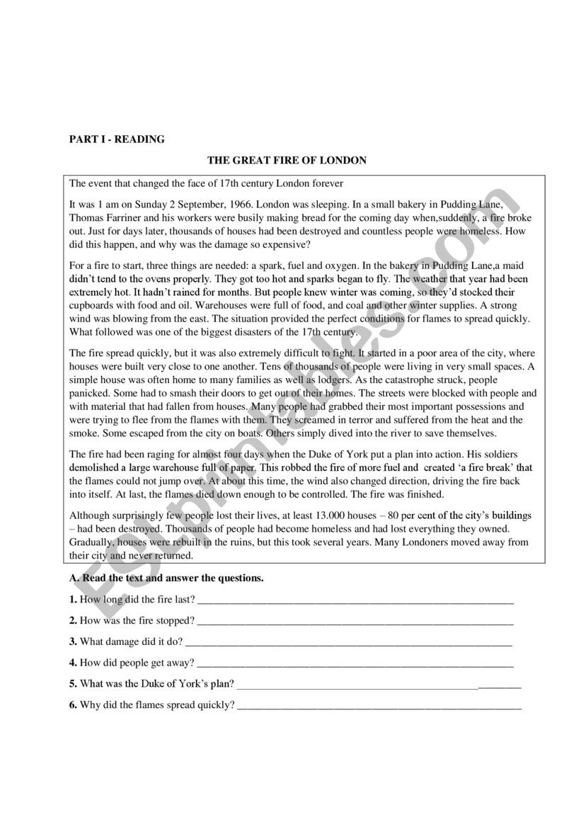 THE GREAT FIRE OF LONDON worksheet
