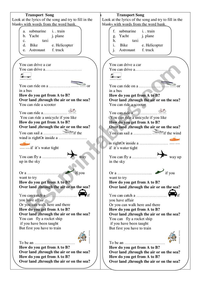 transport song  worksheet