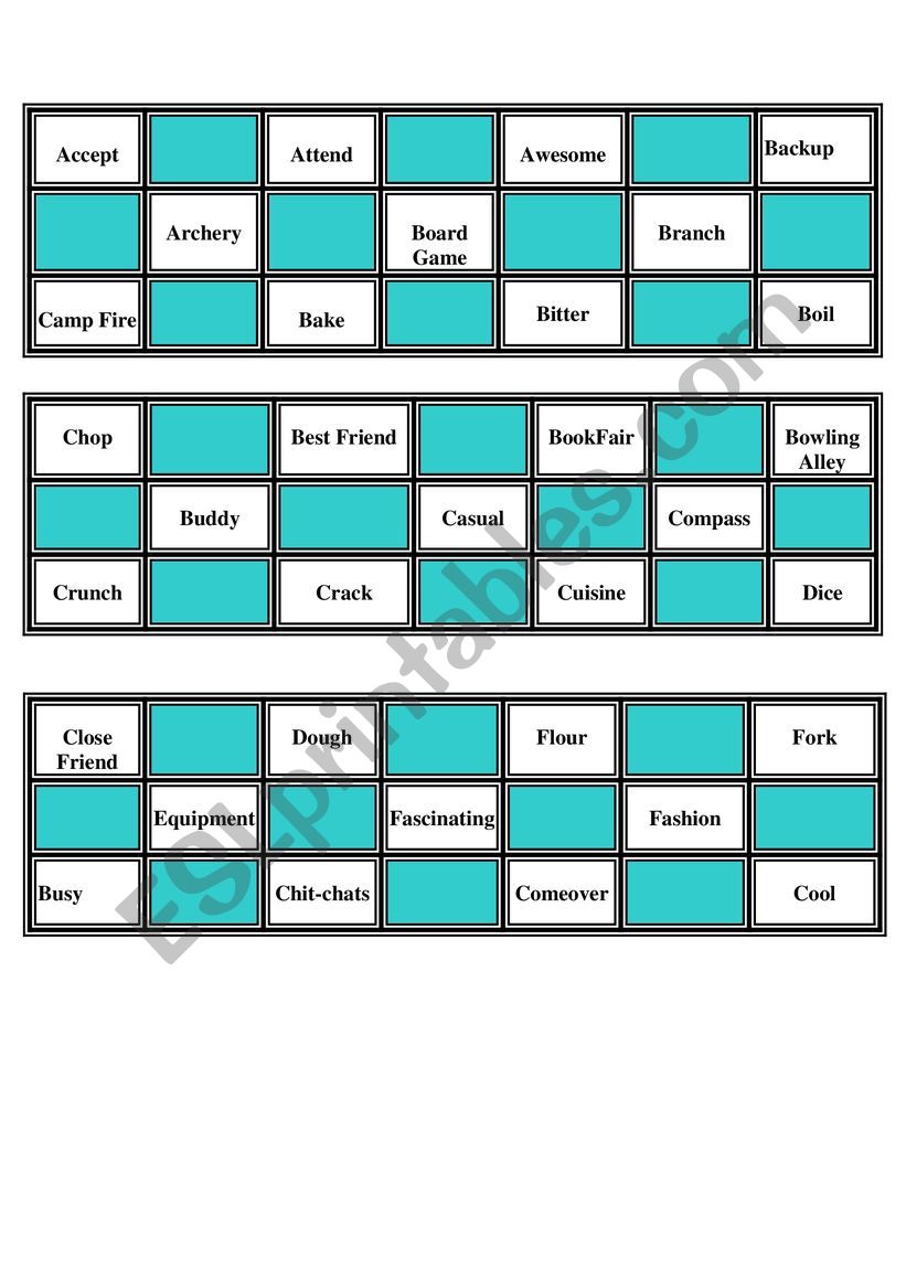 vocabulary bingo game worksheet