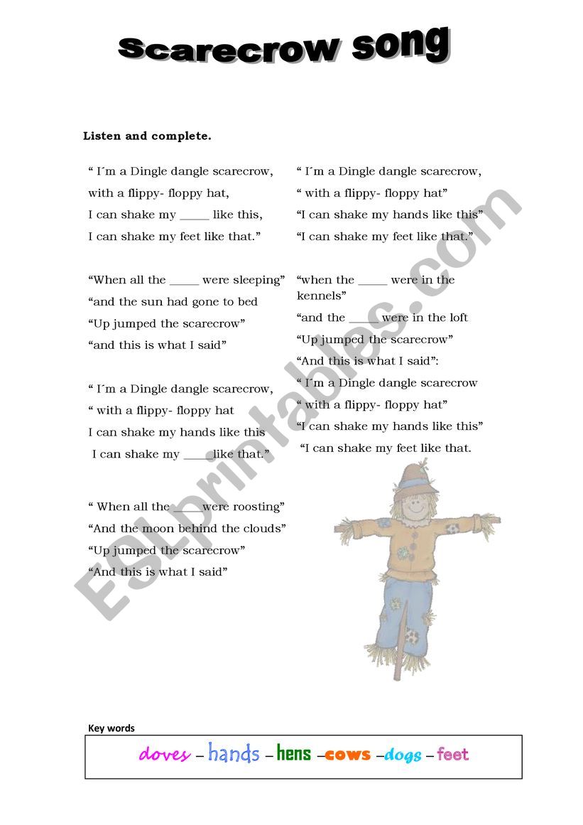 Scarecrow Song To Complete ESL Worksheet By Sunshine 18