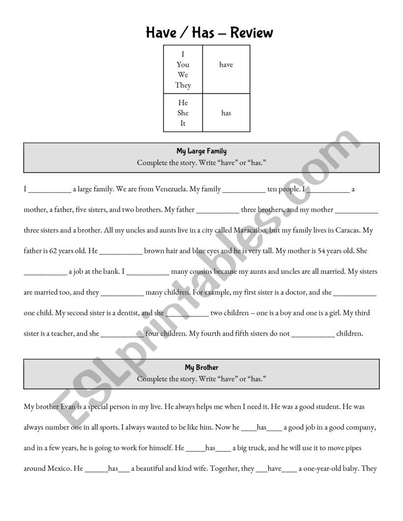 Family Grammar worksheet