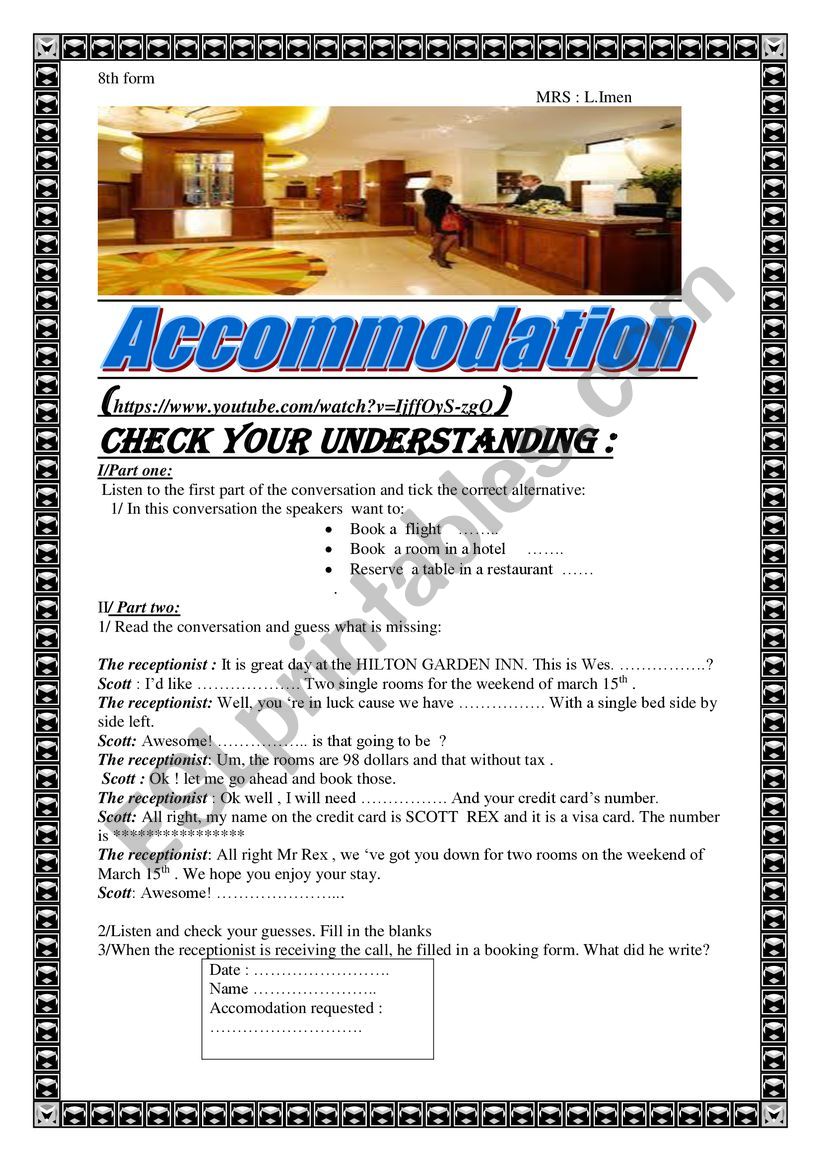 Accomodation  worksheet
