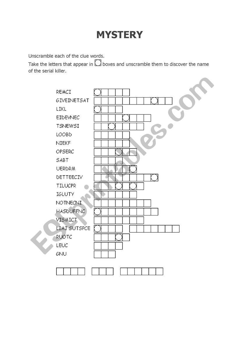 mystery unscramble worksheet