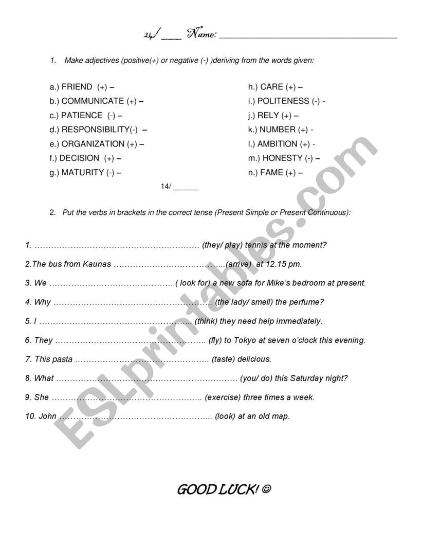 Grammar and vocabulary worksheet