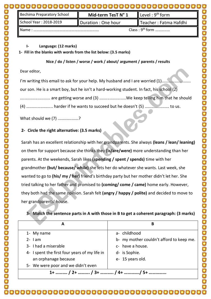 Mid-term Test 1 9th grade worksheet