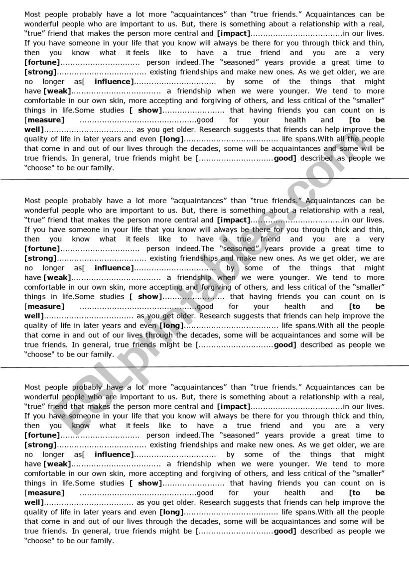 exercise about true friends worksheet