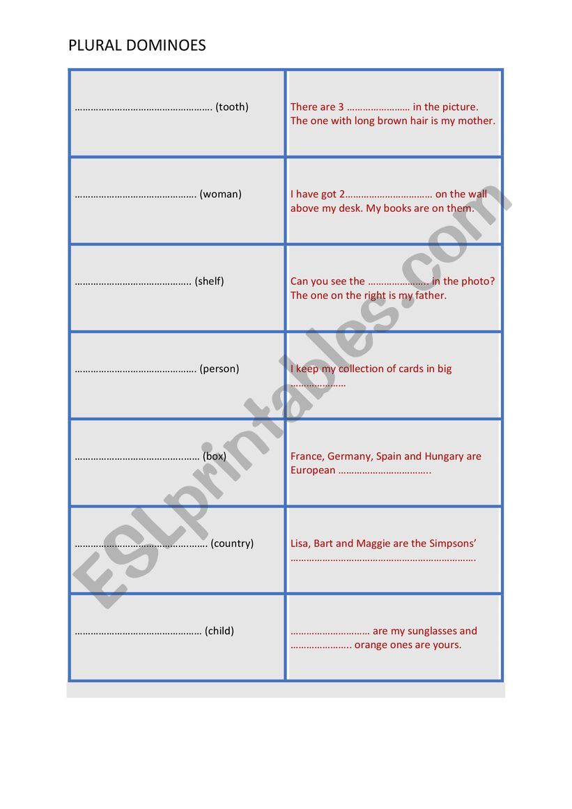 Plural dominoes worksheet