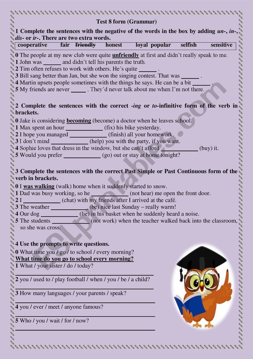 Grammar Test for 8 form worksheet