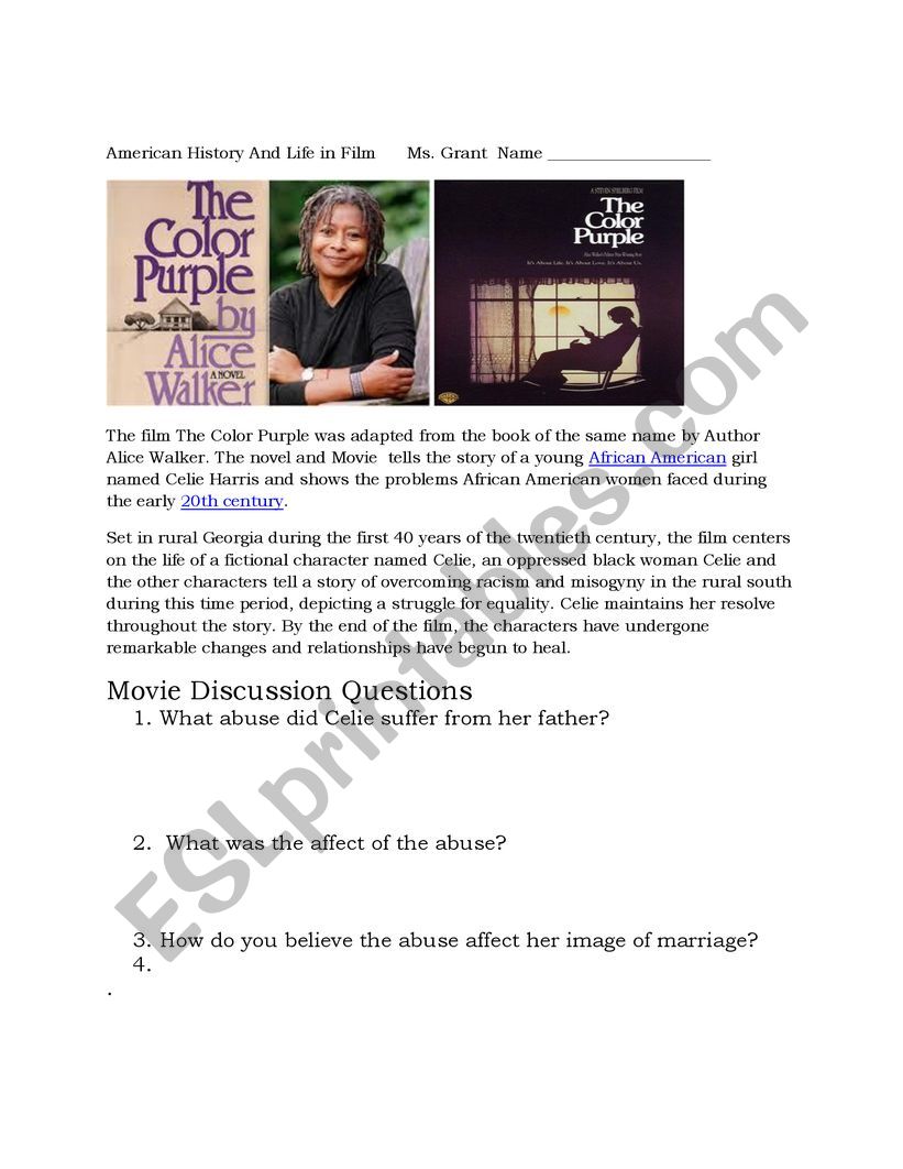 The Color Purple WS worksheet