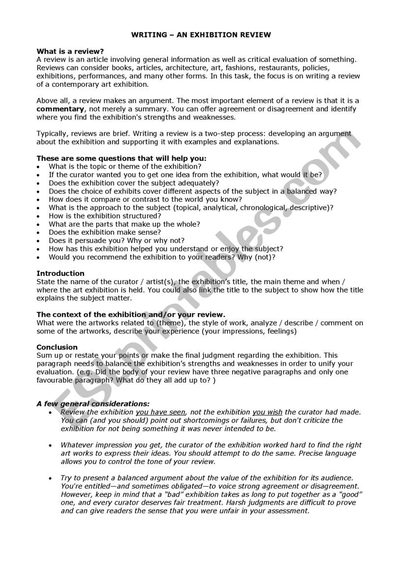 Exhibition review worksheet