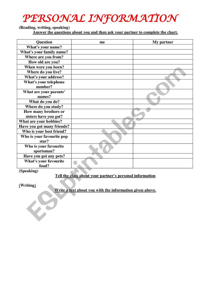 Personal Information worksheet