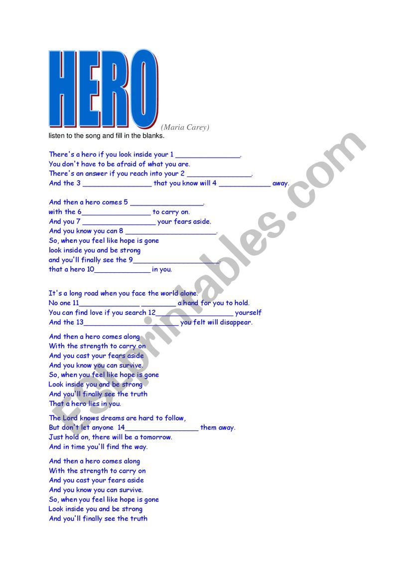 hero by Maria Carey  worksheet