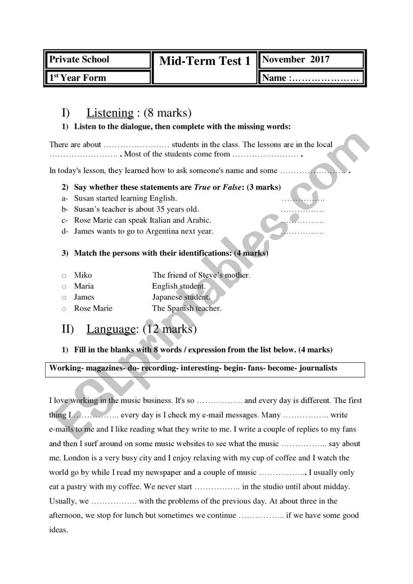 mid term test 1 1st form worksheet