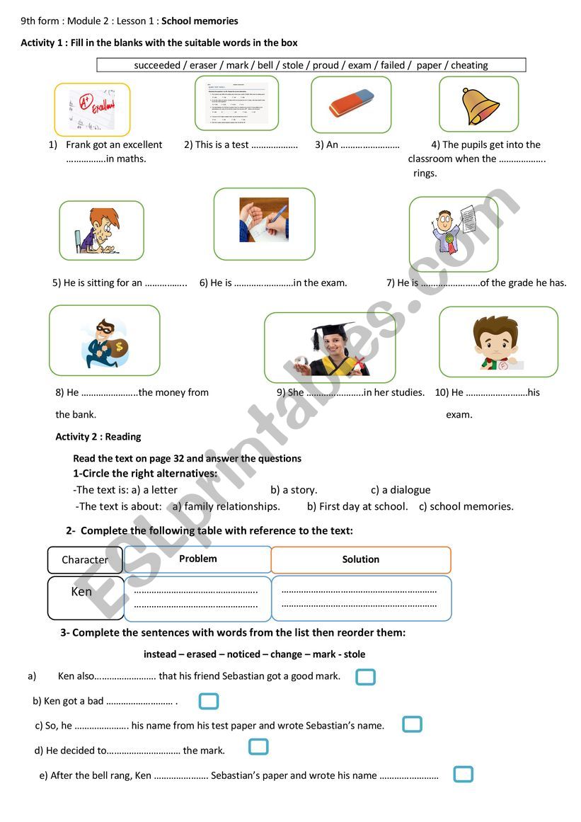 school memories worksheet