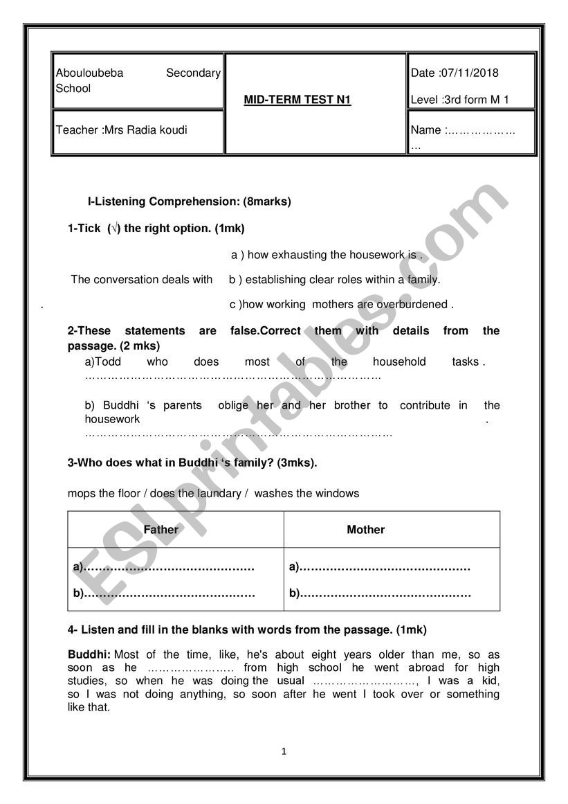 Mid - term test 1; 3rd form worksheet