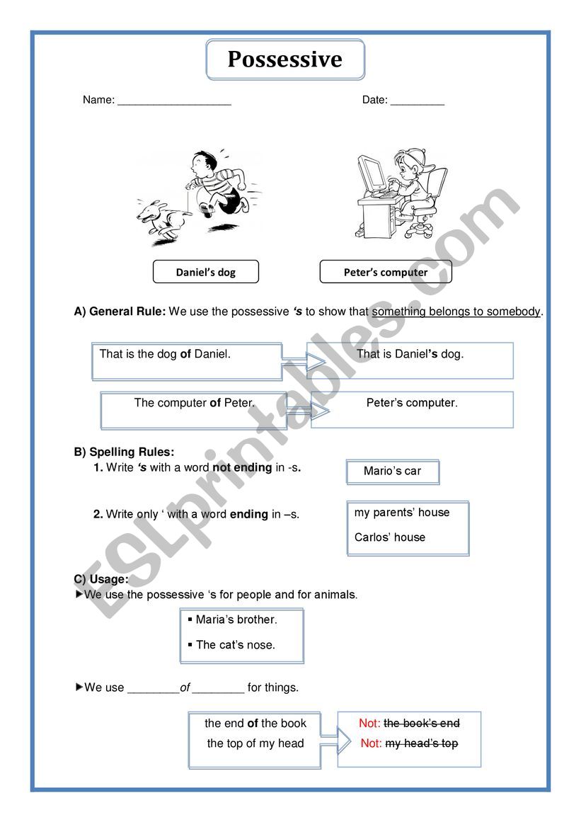 Possessive s form worksheet