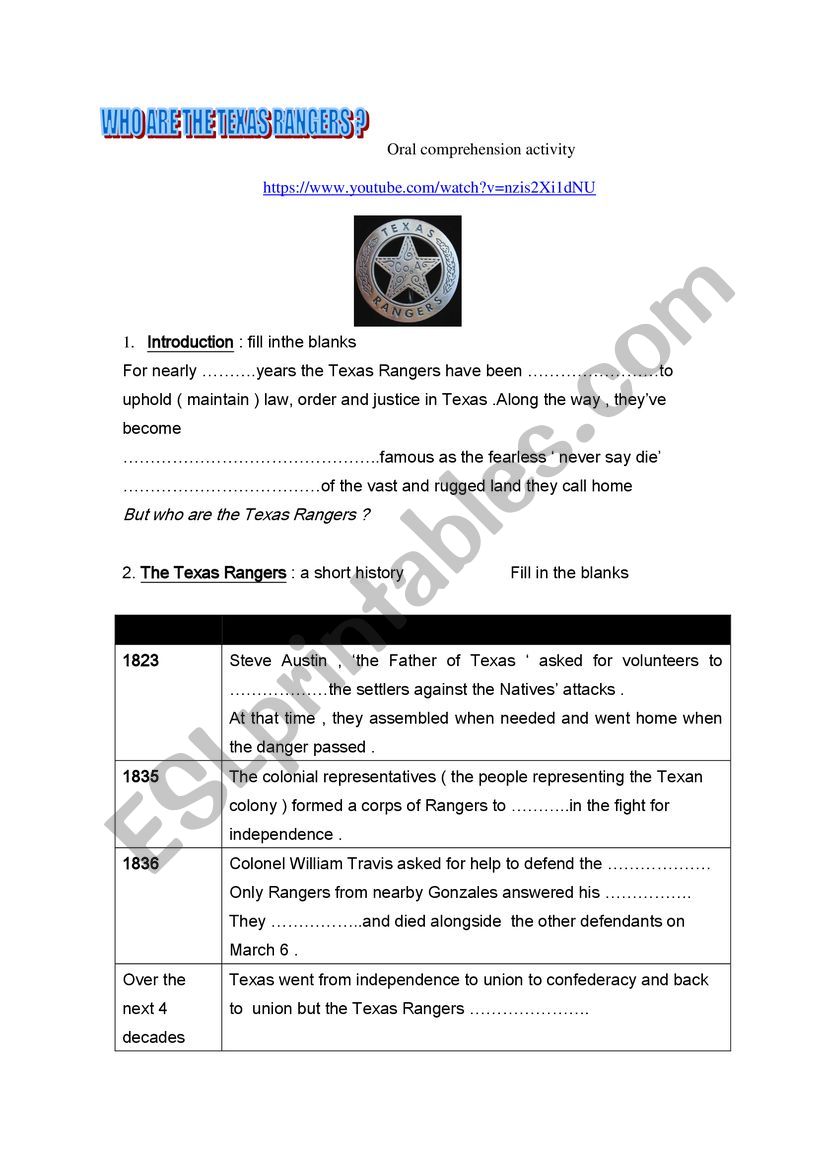 Who are the Texas Rangers?  worksheet