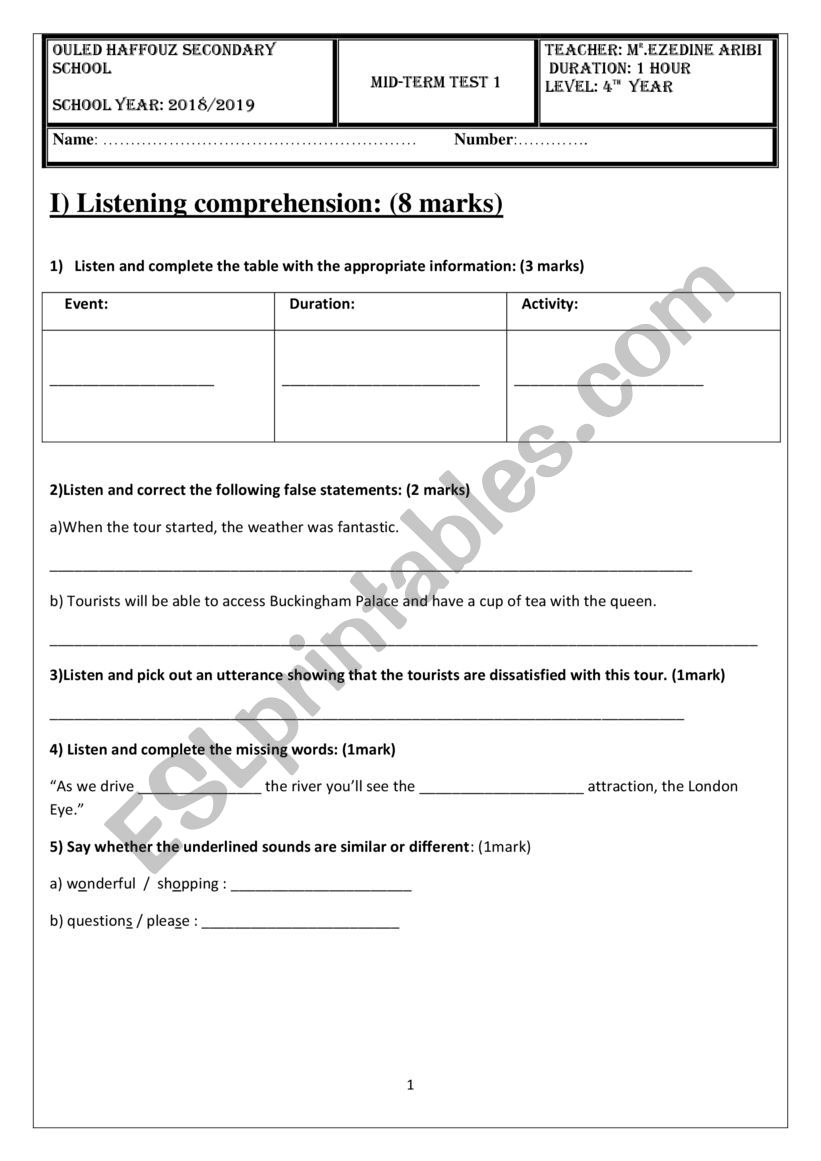 mid term test worksheet