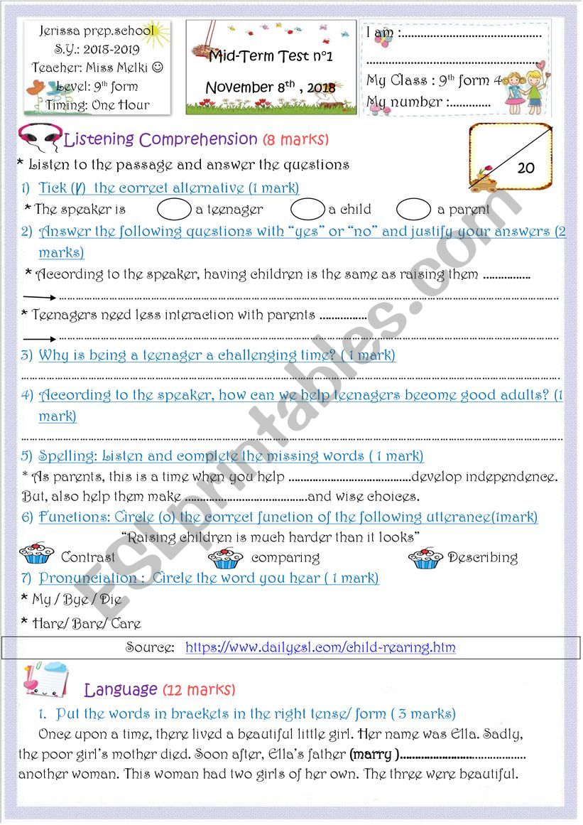 Mid-term test 9th form  worksheet
