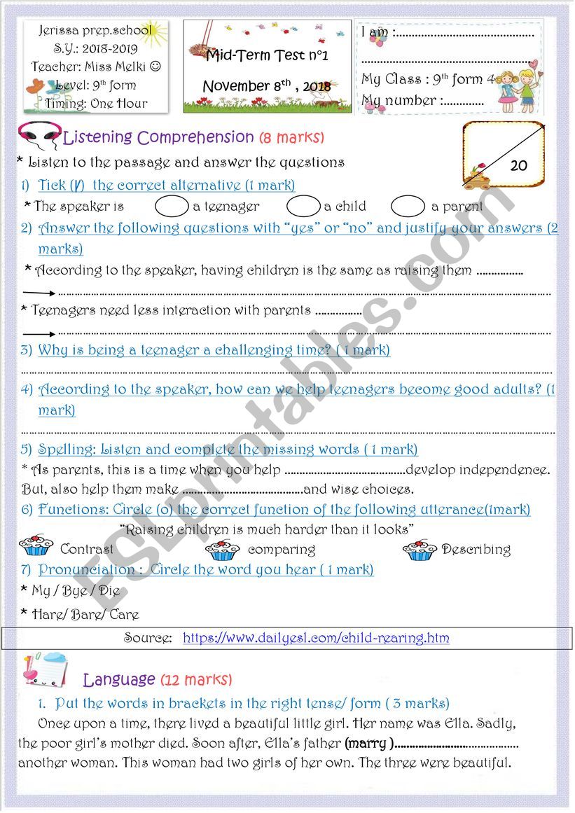 Mid-term test 9th form  worksheet