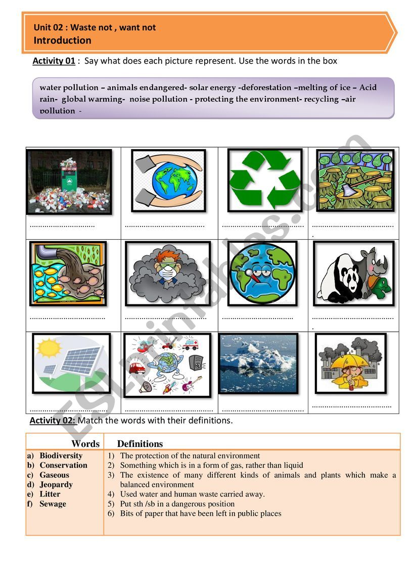 Environment vocabulary worksheet
